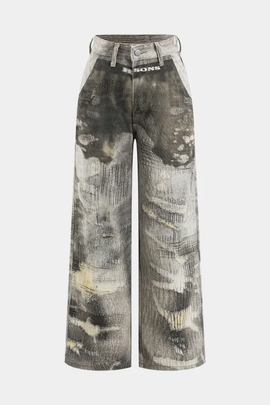 Denim Retro Abstract Print Wide Ben Jeans sold by Micas
