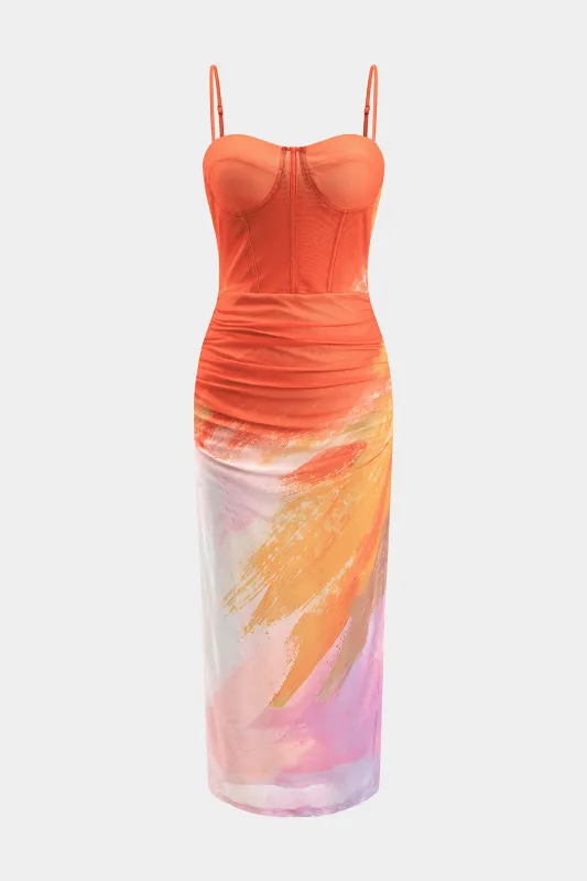 Abstrakt print mesh korset ærmeløs maxi kjole sold by Micas