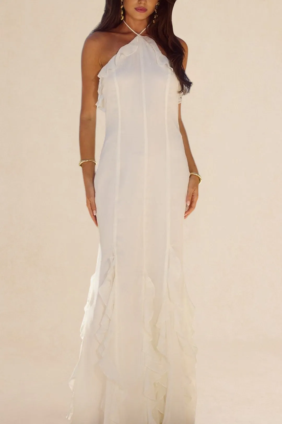 Chiffon grime nakke ruffle ærmeløs maxi kjole sold by Micas