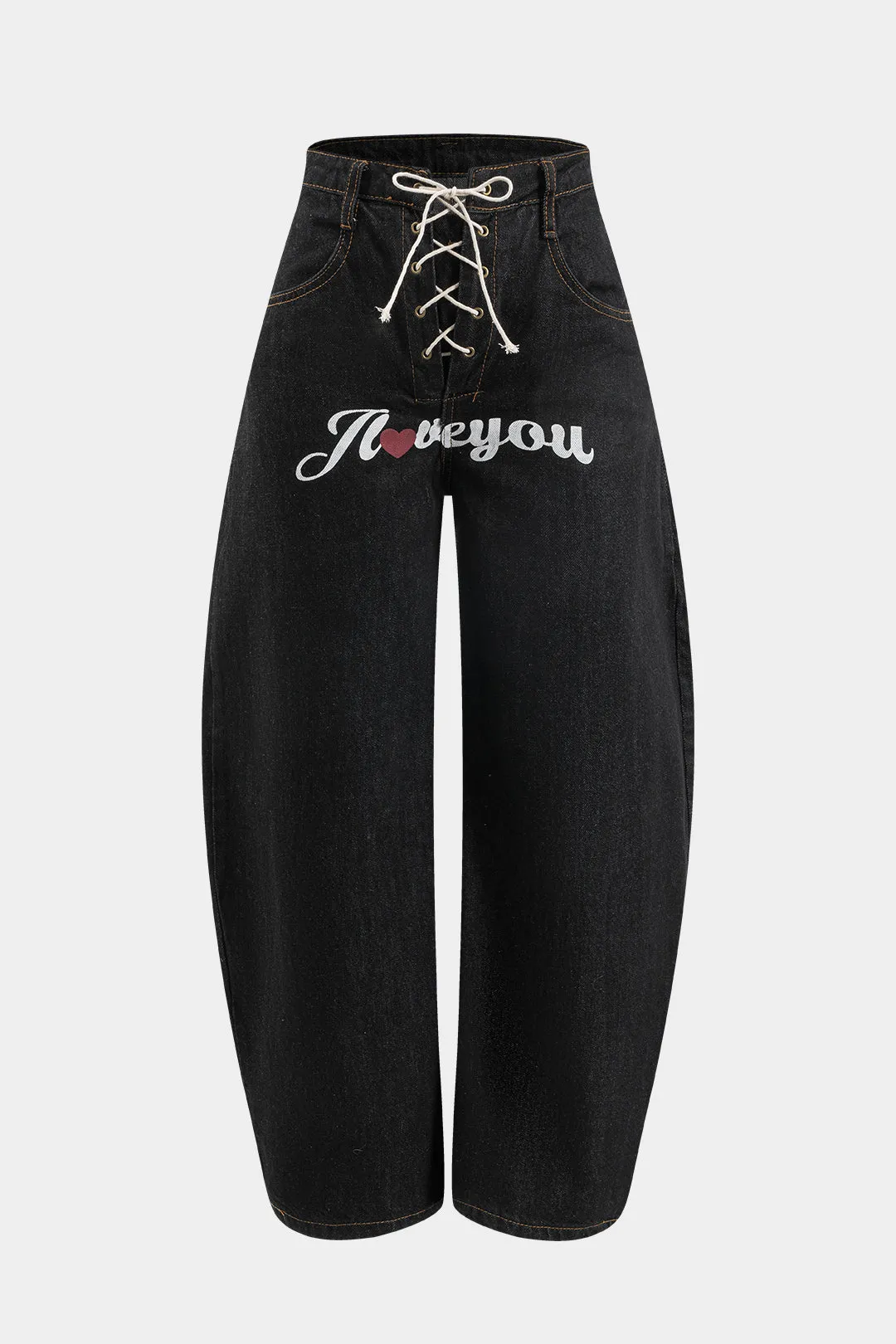 Brevprint denim Høj talje flettet brede ben tønde jeans sold by Micas