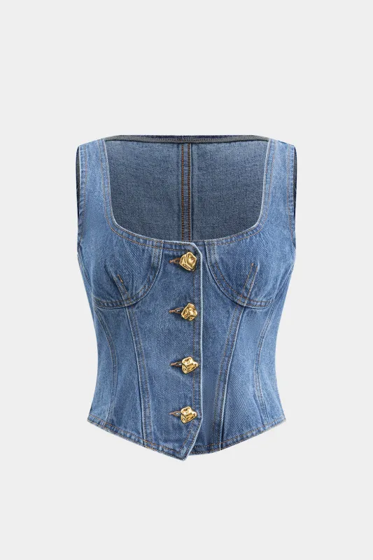 Denim -knap Bustier firkantet halsafgrøde top sold by Micas
