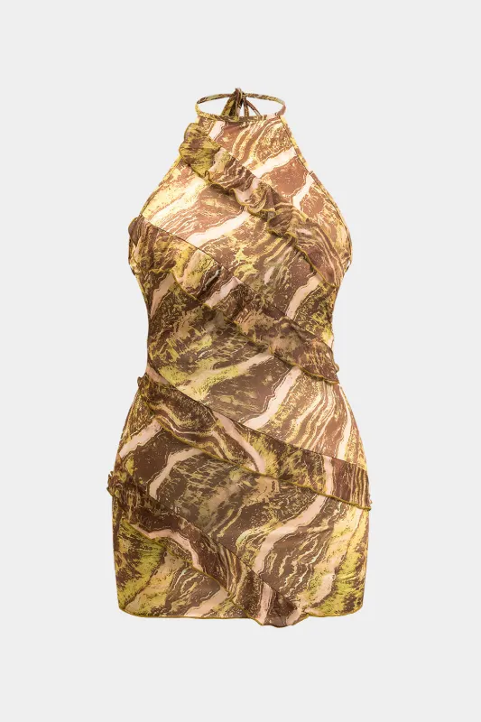 Plus størrelse abstrakt print mesh halter hals ruffle ærmeløs mini kjole sold by Micas