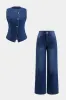 Denim -knap vest og brede ben jeans sæt sold by Micas