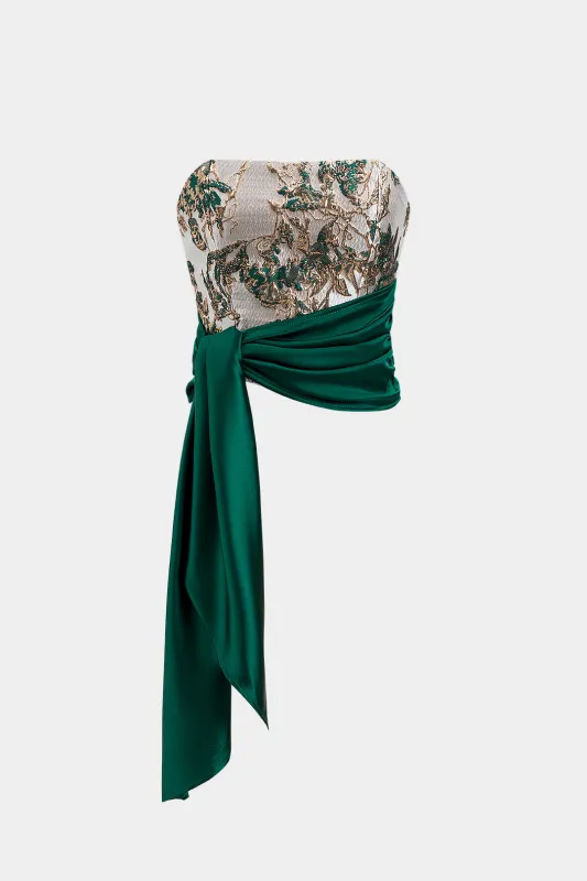 Satin Jacquard Tie Front Stropløs patchwork lynlås tube top sold by Micas