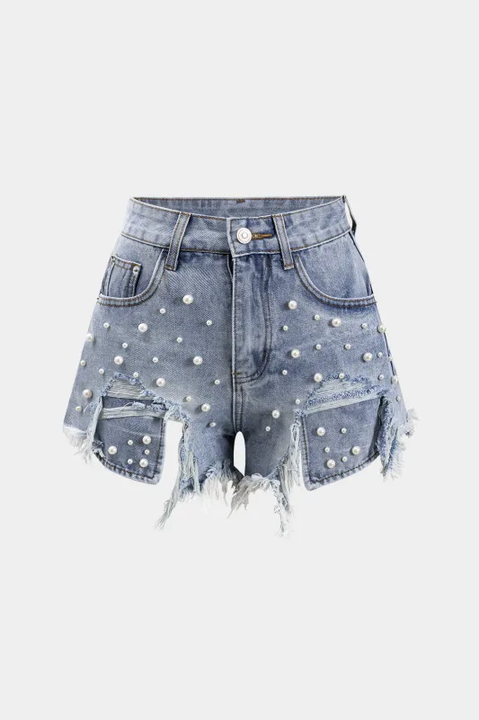 Denim høj talje perlerede shorts sold by Micas