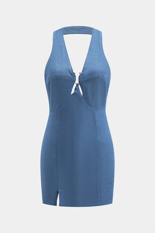 Denim halter hals metal indretning ærmeløs skåret ud bagfra spalte kjole sold by Micas