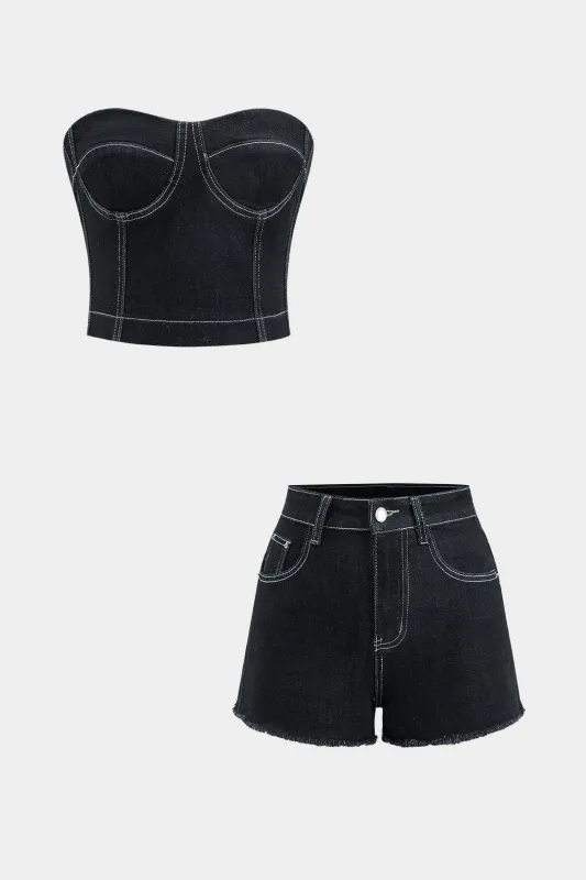 Denim kontrast piskesting detalje bustier rør top og shorts sæt sold by Micas