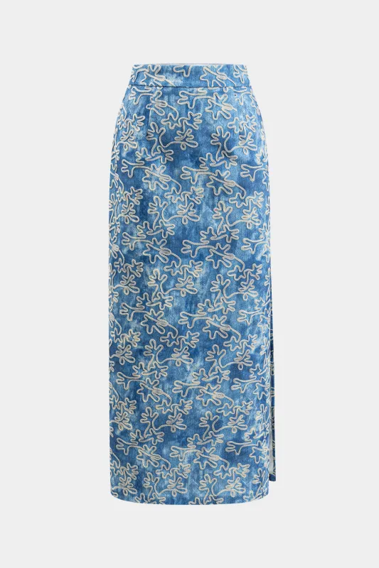 Denim broderet lynlås spalte nederdel sold by Micas