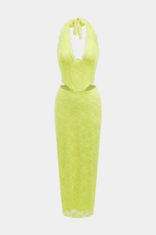 Halter hals rygfri udskåret korset talje maxi kjole sold by Micas