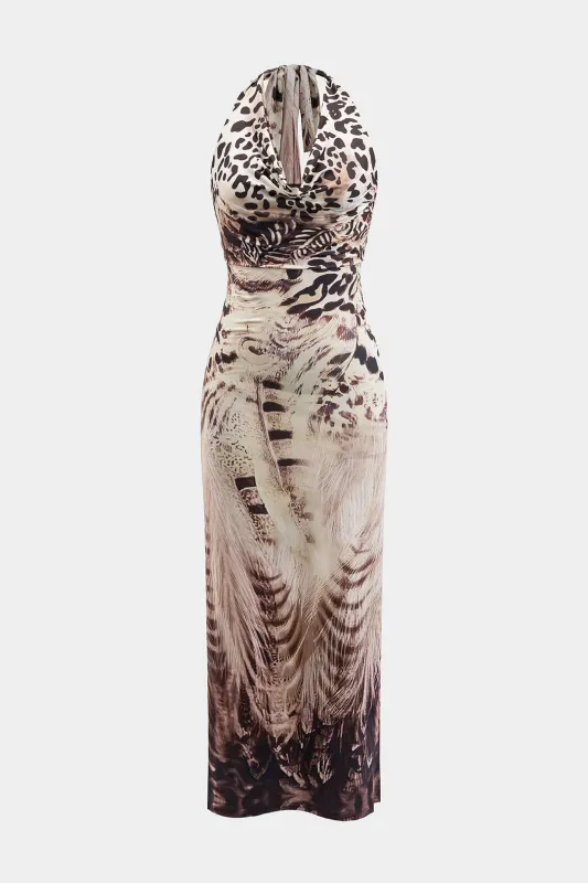 Leopard Print Halter Neck Backless Tie-Up Sleeveless Maxi Dress sold by Micas