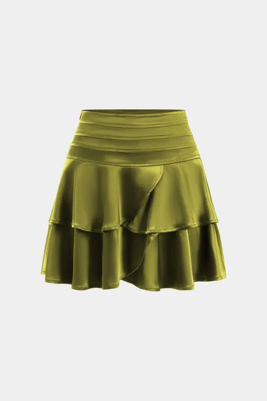 Satin plisseret asymmetrisk syet detaljer nederdel made by Micas