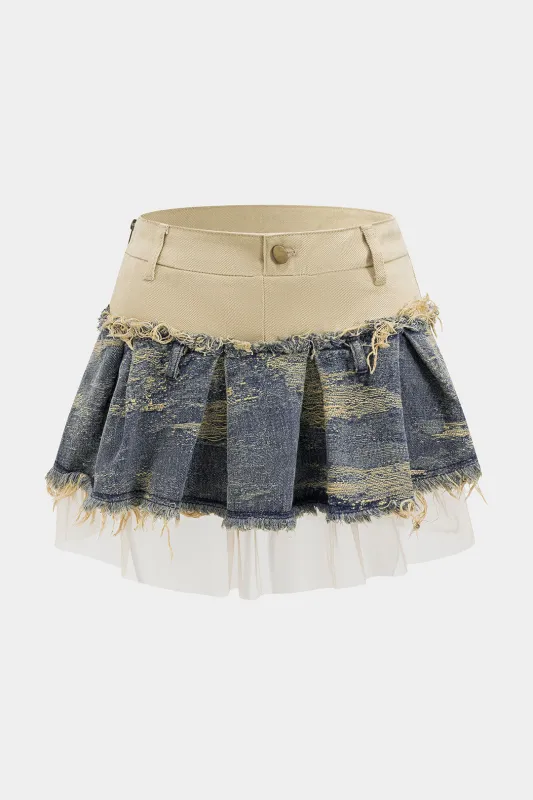 Denim mesh patchwork nederdel sold by Micas