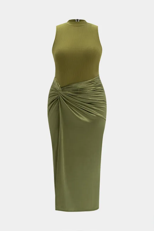 Plus størrelse satin lynlås lappetwork ærmeløs maxi kjole sold by Micas