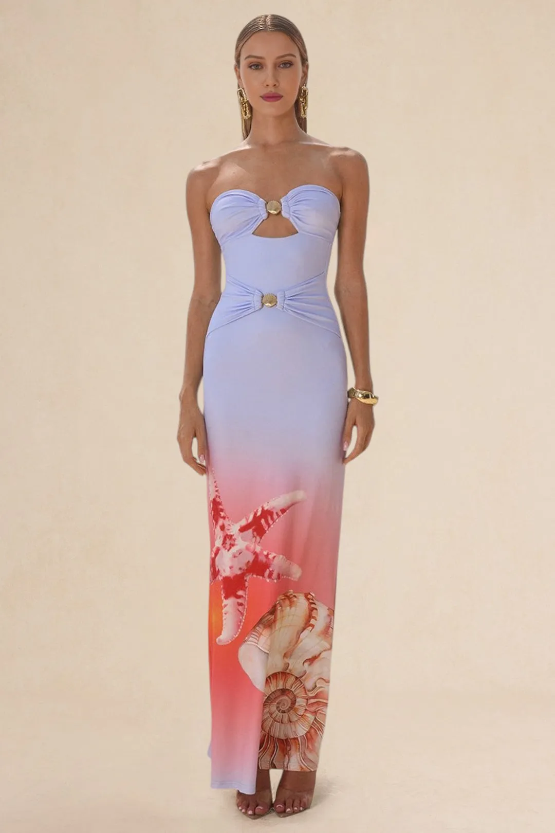 Tropisk print Ruched hul ud ærmeløs maxi kjole sold by Micas