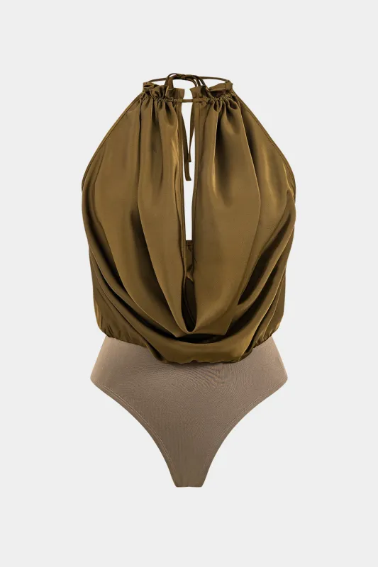 Plus størrelse satin patchwork rygfri binding ærmeløs bodysuit sold by Micas