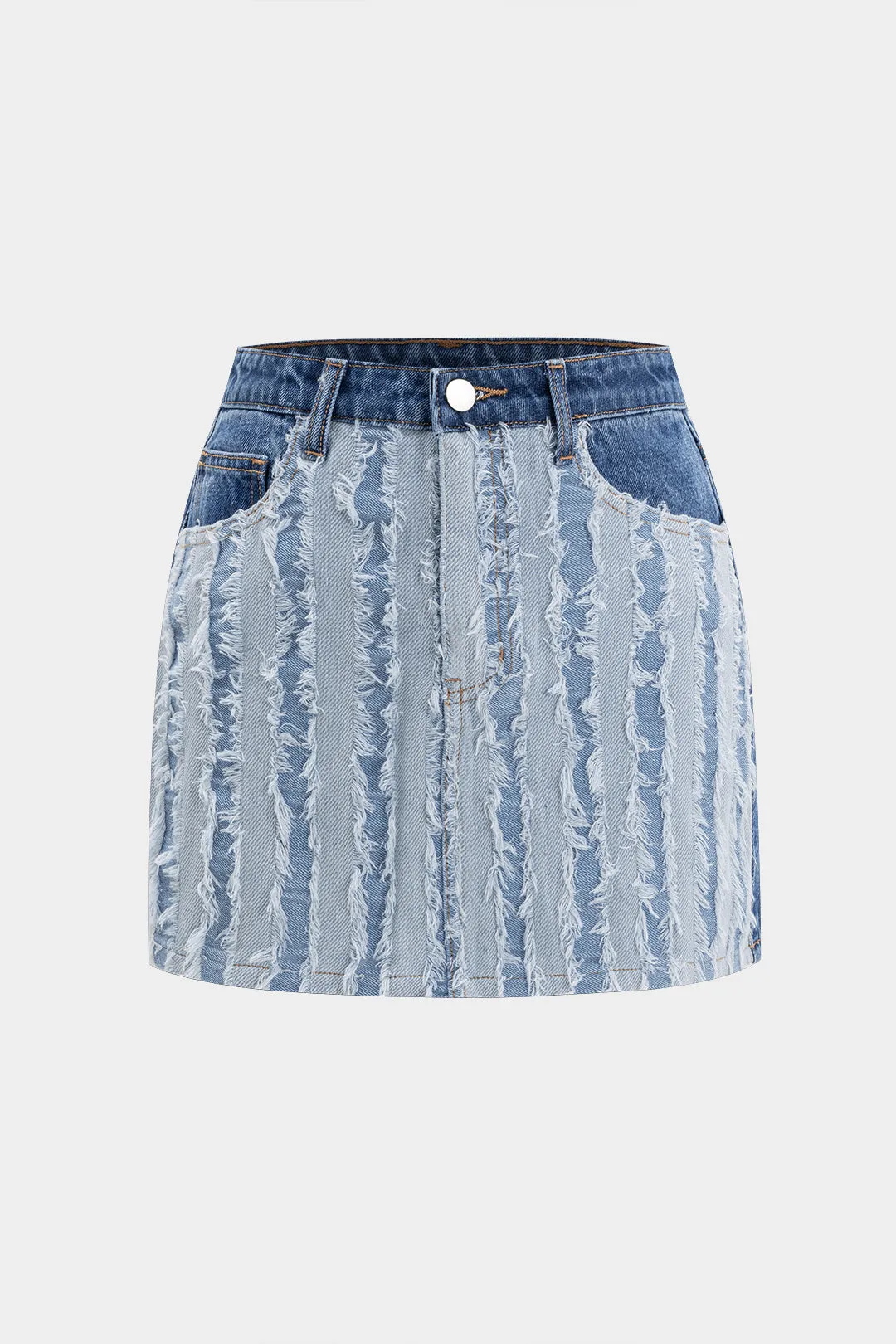 Denim Frayed Patchwork Mini Skirt sold by Micas