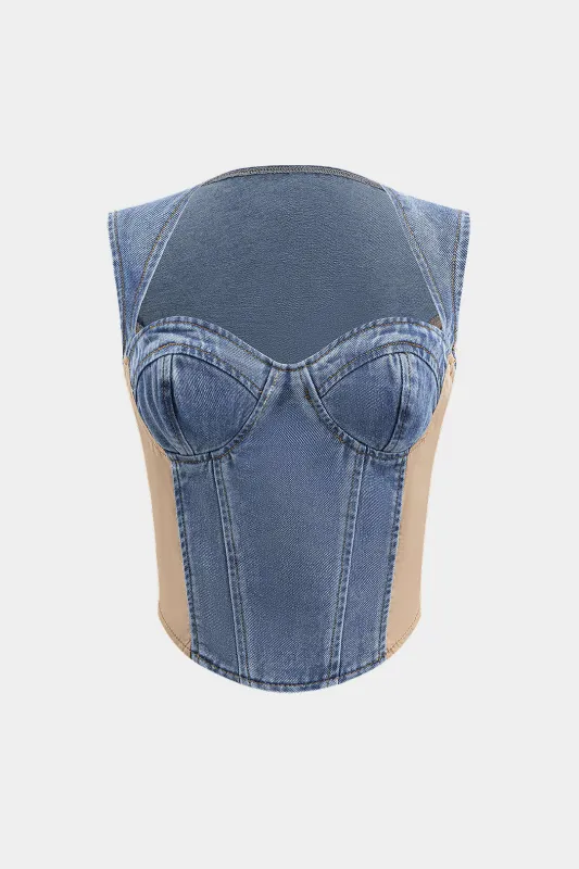 Denim bustier patchwork top sold by Micas