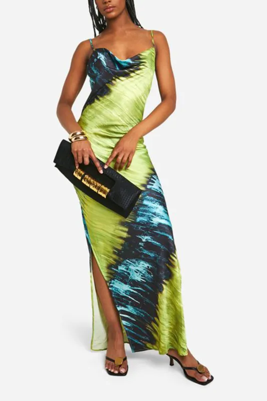 Abstract Print Satin Slip Draped Cowl Neck Sleeveless Maxi Dress sold by Micas