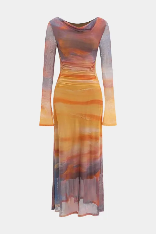 Tie farvestofprint mesh ruched langærmet maxi kjole sold by Micas