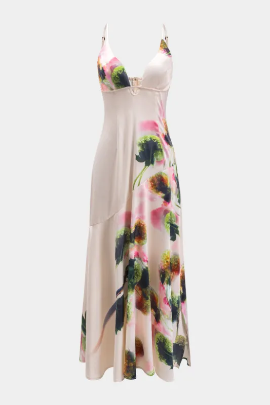 Blomsterprint Satin V-hals Side Slit Sleeveless Slip maxi kjole sold by Micas