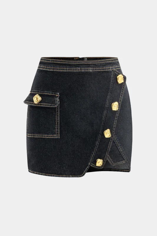 Denim metallisk knaplomme nederdel sold by Micas