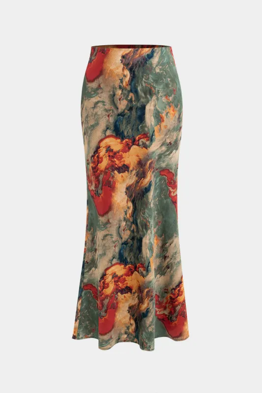 Abstrakt slipsfarvestofprint satin nederdel sold by Micas