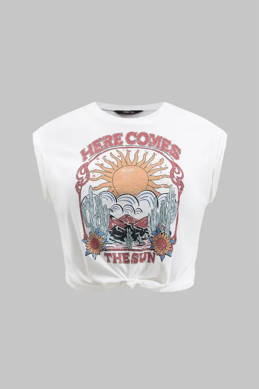 Plus størrelse retro print rund hals twist knude ærmeløs t-shirt sold by Micas