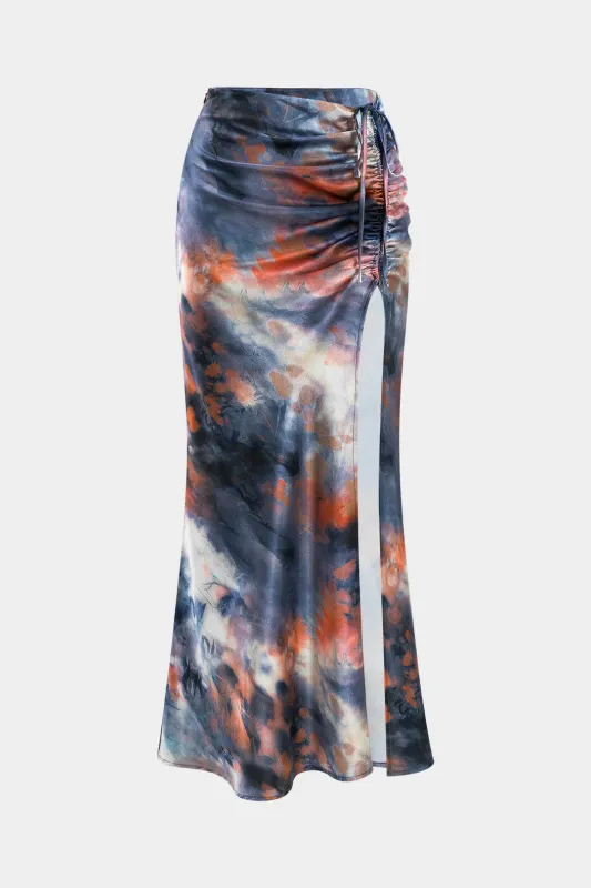 Bind farvestofprint satin høj spalt ruched nederdel sold by Micas