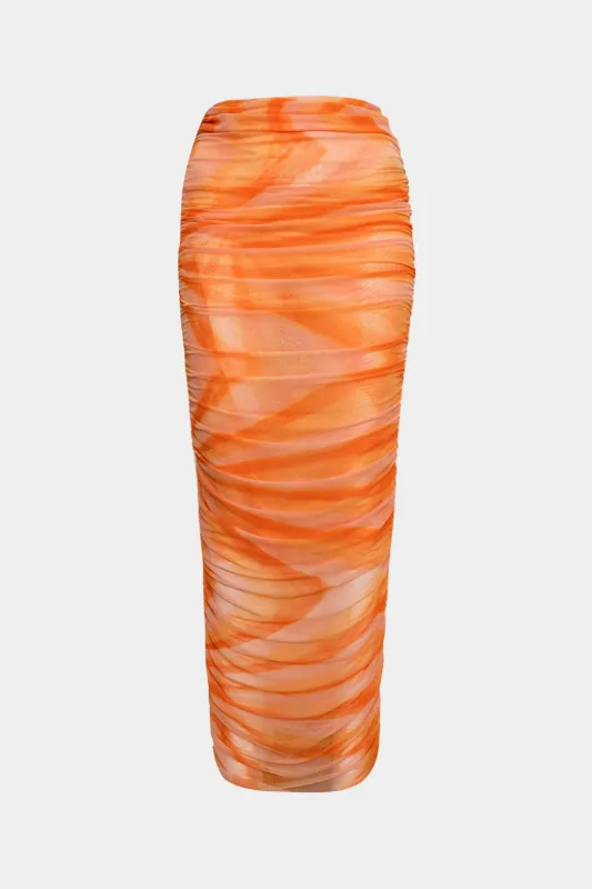 Kontrastprint Mesh Ruched nederdel sold by Micas