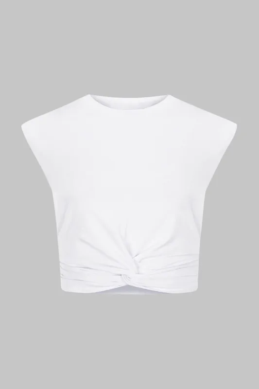 Plus størrelse rund hals twist knude ærmeløs t-shirt sold by Micas