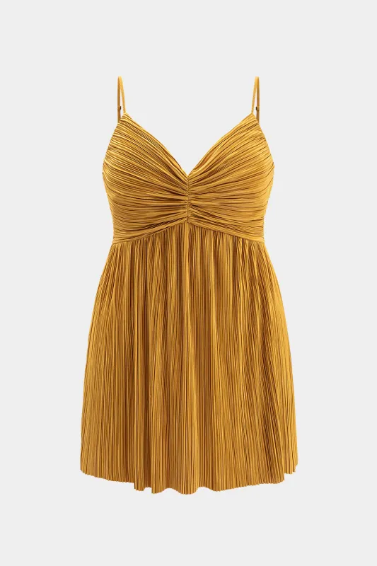 Plus størrelse satin lynlås plisseret slip v-hals mini kjole sold by Micas
