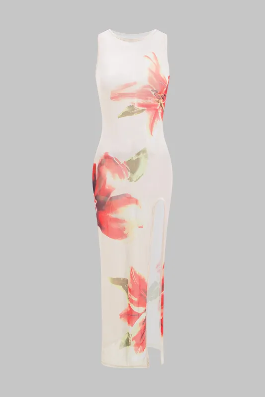Mesh blomsterprint spalte ærmeløs midi kjole sold by Micas