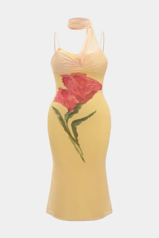 Plus størrelse blomsterprint mesh halter hals patchwork ærmeløs maxi kjole sold by Micas