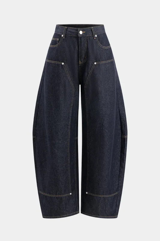 Denim whipstitching metalliske brede ben tønde jeans sold by Micas