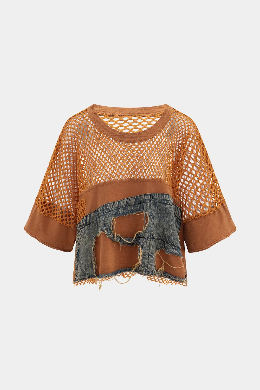 Denim hul ud patchwork tank top sold by Micas