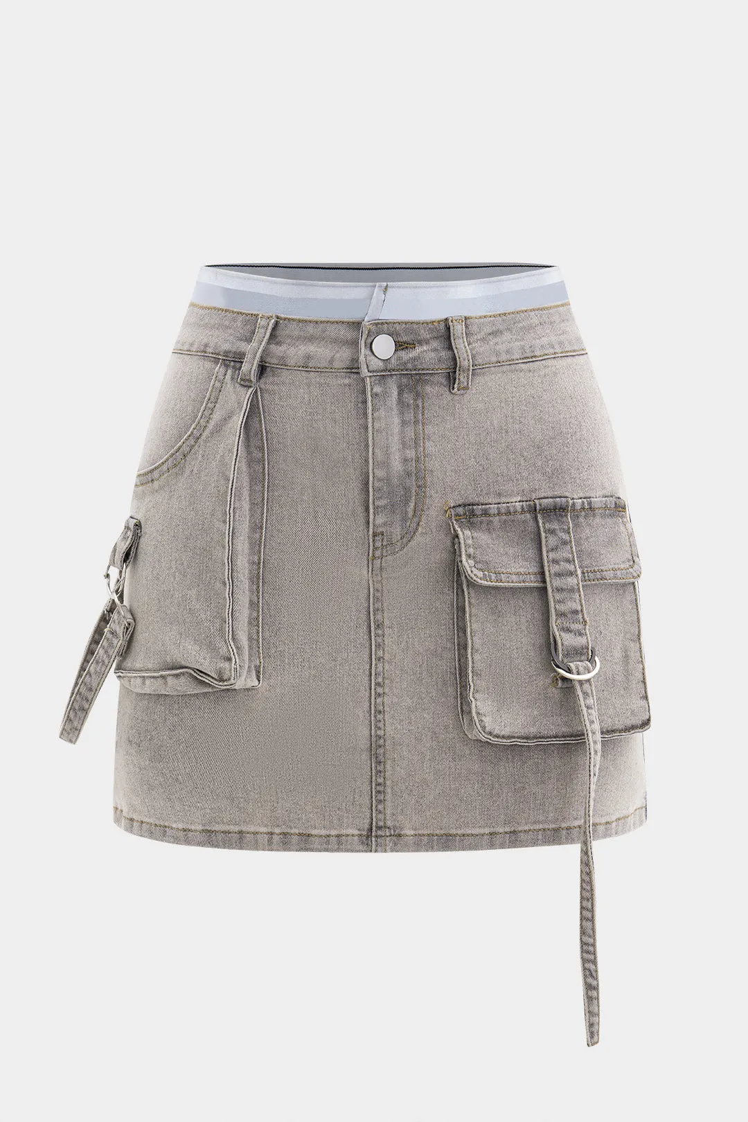 Denim Metallic Decor Patchwork Pocket Skirt sold by Micas