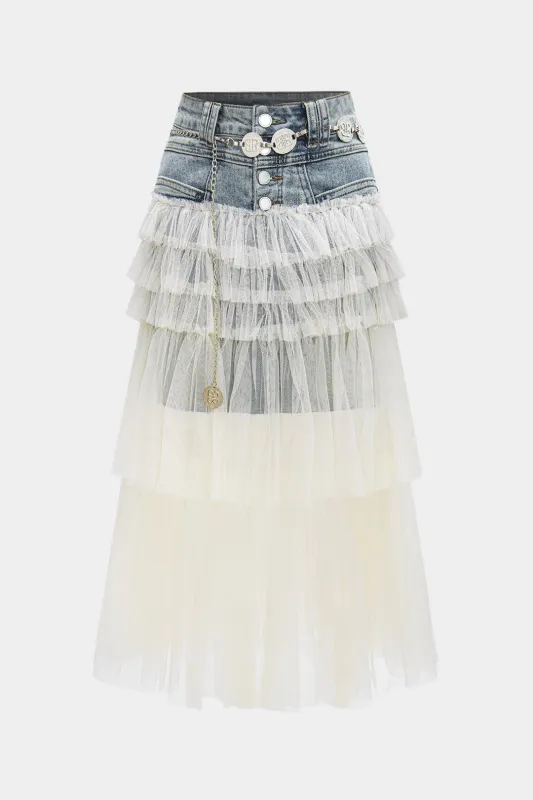 Denim mesh patchwork Mentalic talje kæde nederdel sold by Micas