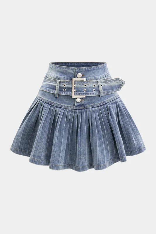 Denim plisseret høj talje Mentalisk indretning nederdel sold by Micas