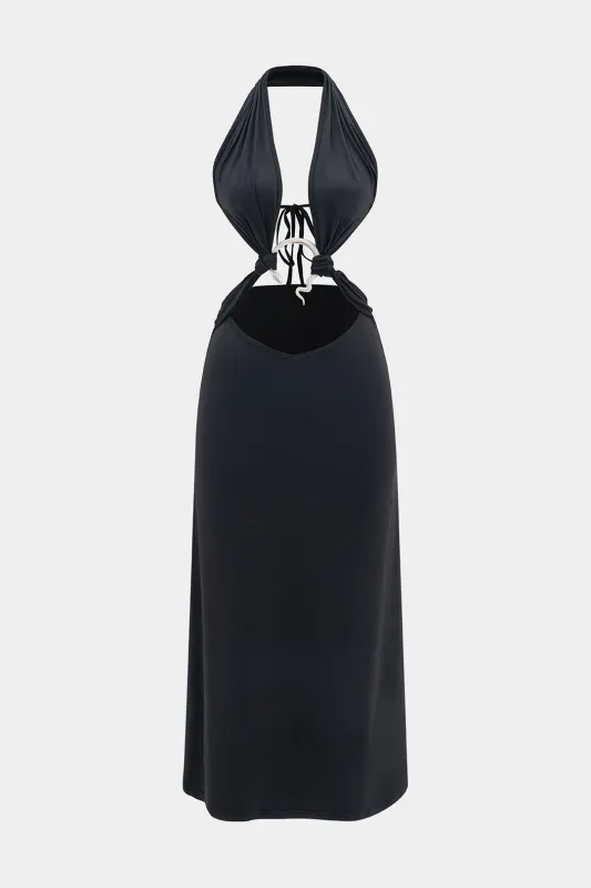 Halter V-hals metalindretning rygfri ærmeløs midi-kjole sold by Micas