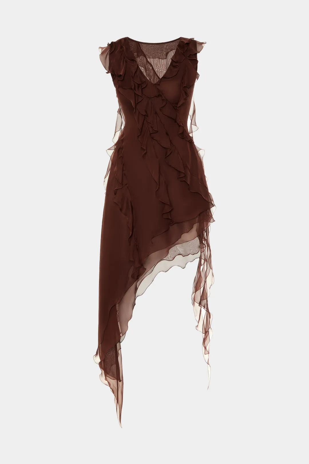 Chiffon ruffle v-hals ærmeløs midi kjole sold by Micas