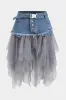 Plus størrelse denim mesh patchwork høj talje nederdel sold by Micas