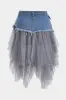 Plus størrelse denim mesh patchwork høj talje nederdel sold by Micas