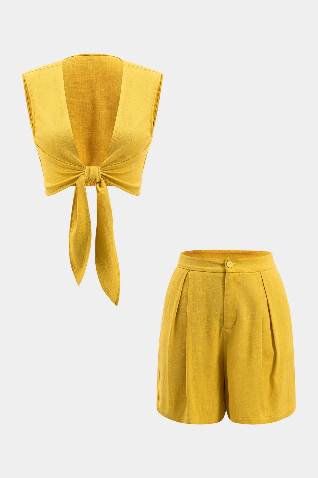 Linen Tie Front Sleeveless Tank Top And Pleated Shorts Set sold by Micas product image thumbnail 5