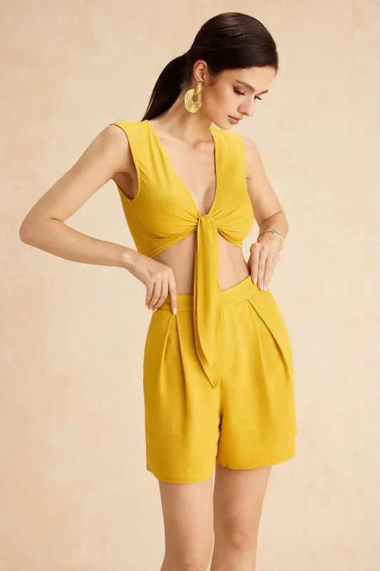 Linen Tie Front  Sleeveless Tank Top And Pleated Shorts Set sold by Micas