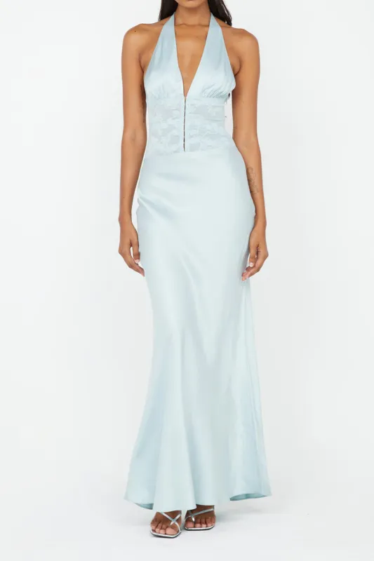 Satin Halter Neck V-Neck Sleeveless Maxi Dress sold by Micas