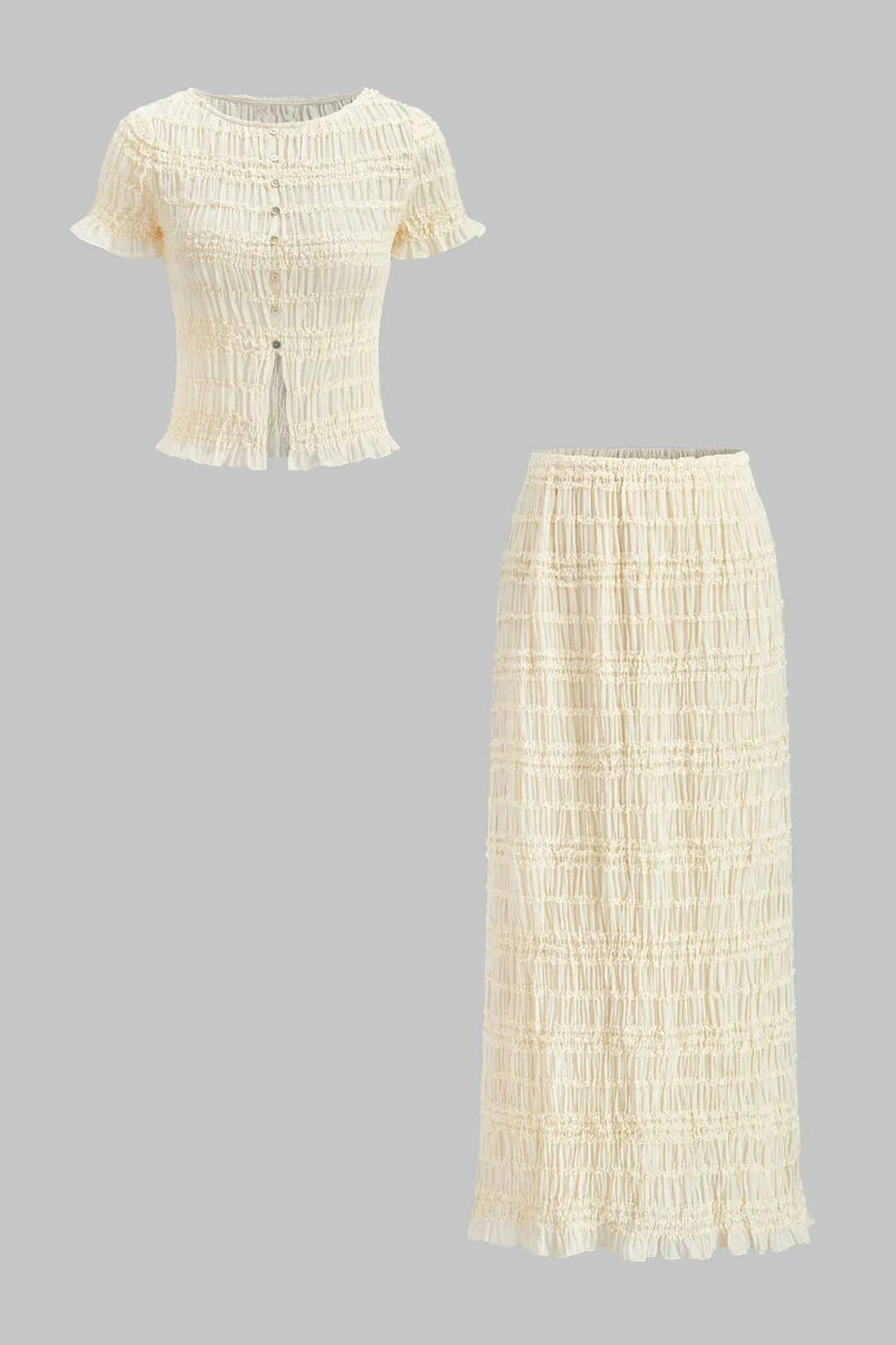 Chiffon shirred ruched kortærmet top og nederdel sæt sold by Micas