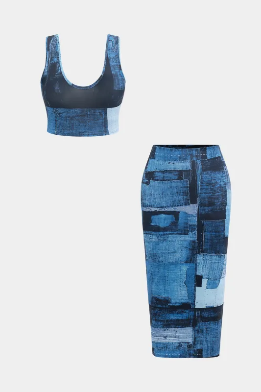 Plus størrelse patchwork print v-hals tank top og højt talje nederdel sæt sold by Micas