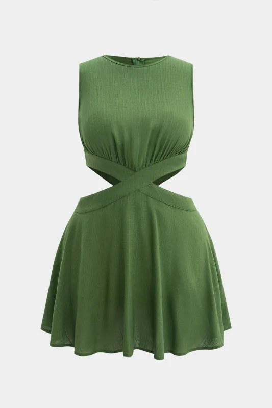 Plus størrelse linned lynlås udskåret ærmeløs mini kjole sold by Micas