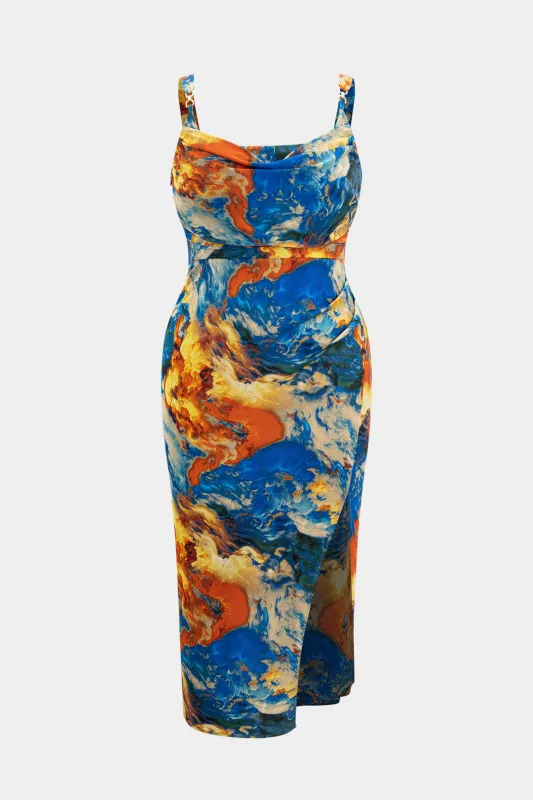 Plus størrelse satin abstrakt mønster draperet cowl hals glid ærmeløs spalte midi kjole sold by Micas