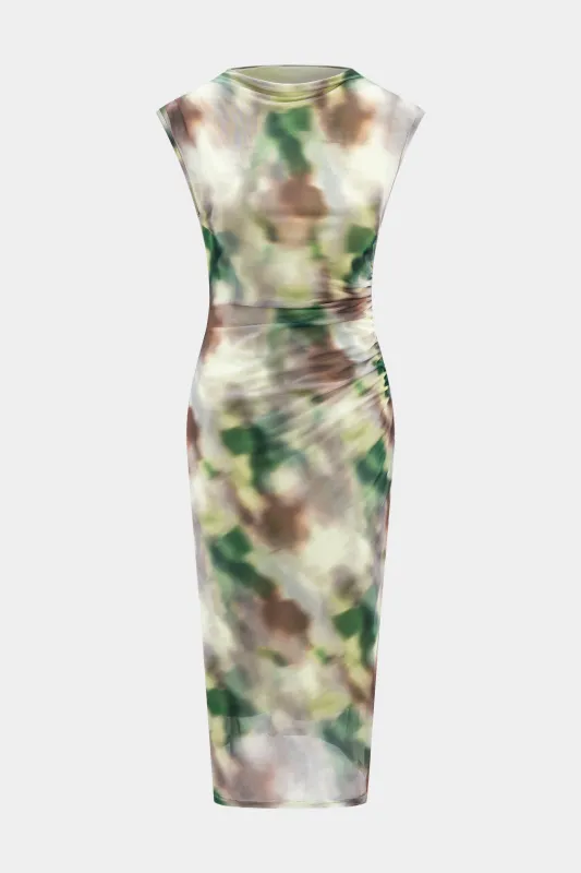 Ombre Pattern Mesh Ruched Flutter Sleeve Midi Dress made by Micas